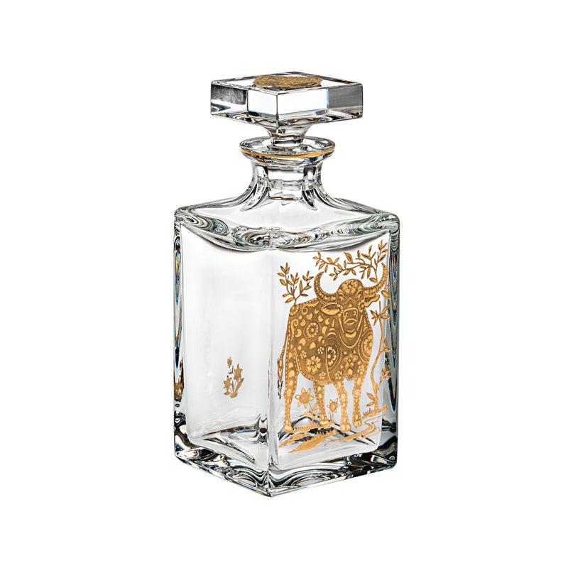 Vista Alegre Golden Ox whiskey decanter, clear glass with gold ox and floral design