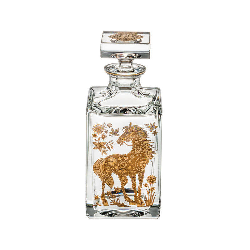 Vista Alegre Golden Horse whiskey decanter, clear glass with gold horse and floral design