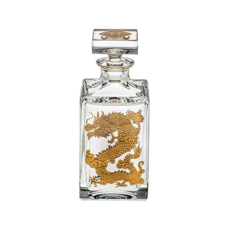 Glass whiskey decanter with square stopper and gold dragon relief front