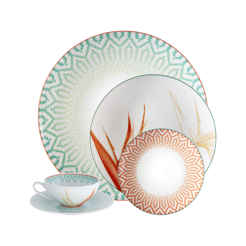 5-piece ceramic place setting with green and orange leaf patterned plates and cup