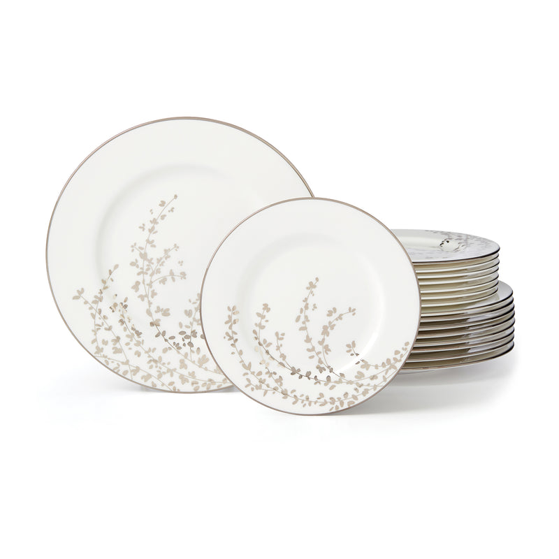 Platinum dinnerware set with white plates and gold botanical branch pattern, set of 16