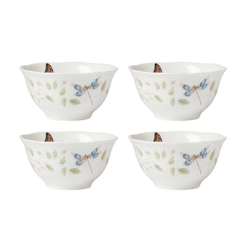 Lenox set of four white rice bowls with blue butterfly and green leaf pattern