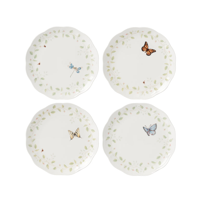 Lenox Butterfly Meadow set of 4 dinner plates with butterfly motifs and floral rim