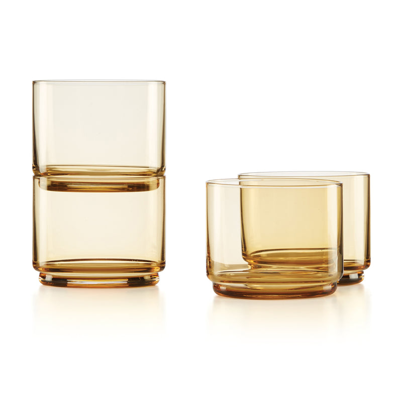 Set of 4 amber short stackable glass tumblers with thick rims and straight sides