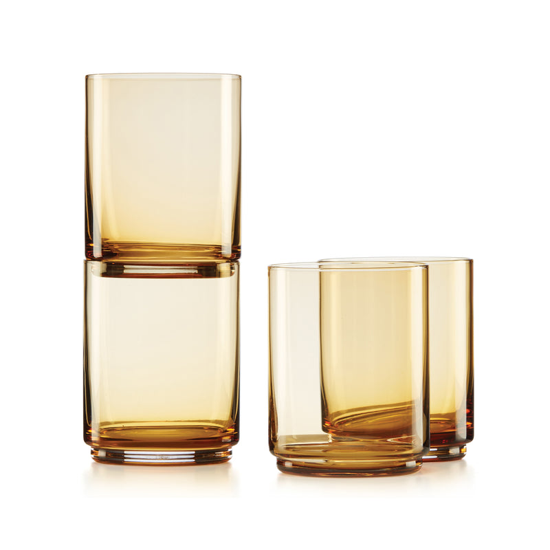 Lenox Tuscany Classics set of 4 amber tall stackable drinking glasses, clear gold-tinted.