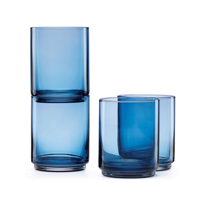 Set of 4 blue tall stackable drinking glasses with clear rims
