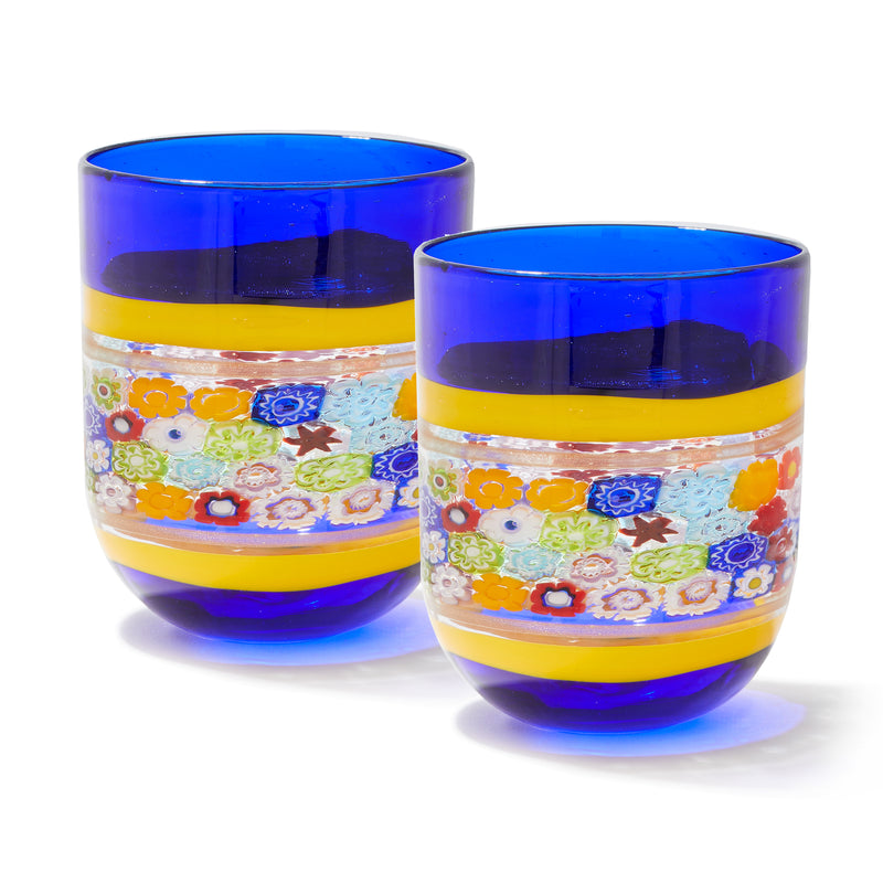 Italian blue Murano-style glass tumblers with floral mosaic and striped bands, set of 2