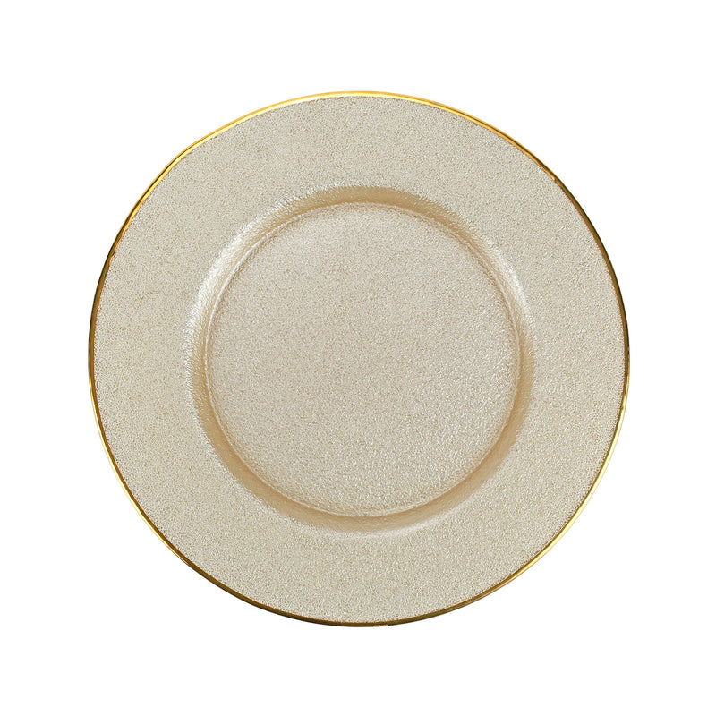 Vietri metallic glass pearl charger plate, round speckled gold rim and raised center