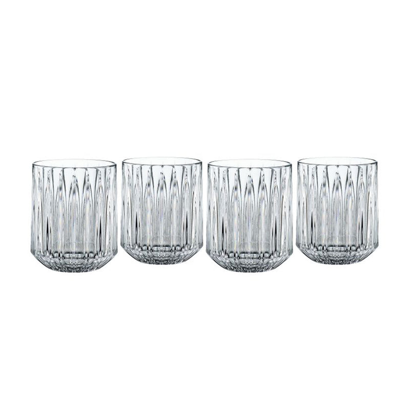 Set of 4 clear tumbler glasses with vertical ribbed pattern, textured base