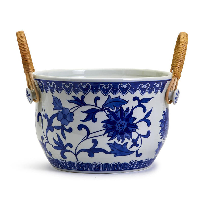 Porcelain party bucket with bamboo handles, blue floral chinoiserie pattern.