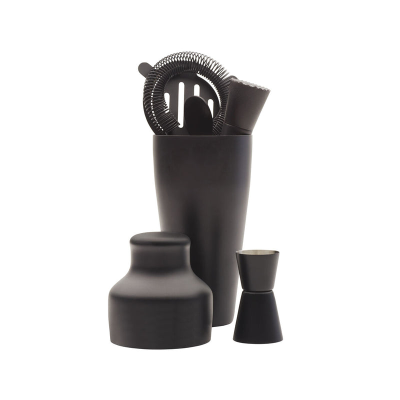 Matte black bar tool set with bottle-shaped shaker, jigger, and mesh strainer bundle