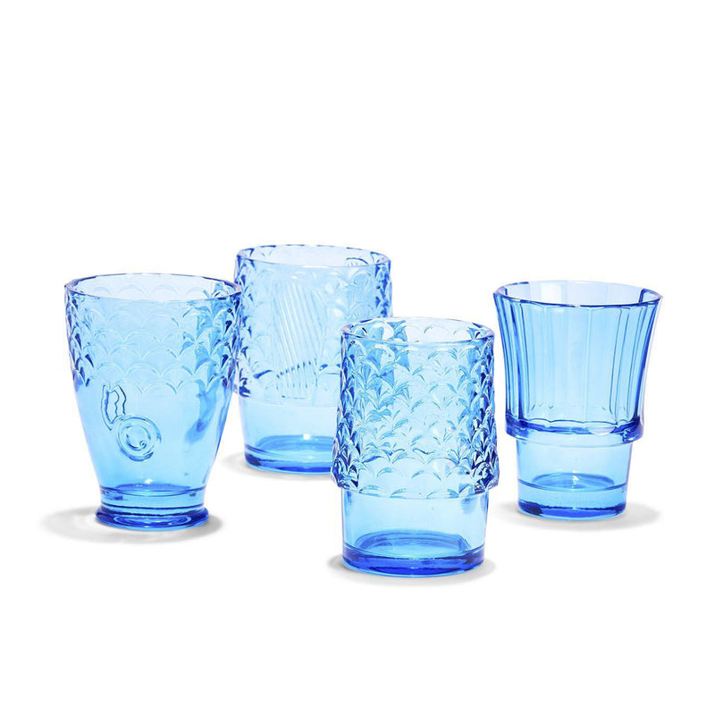 Set of 4 blue glass fish motif tumblers with textured scale pattern