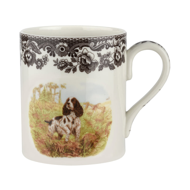 Porcelain mug with Springer Spaniel illustration, white with black and tan woodland trim
