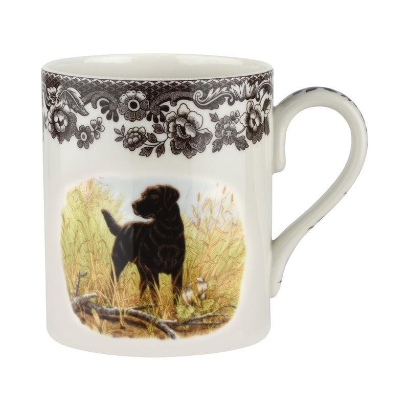 Porcelain Labrador Retriever mug with woodland flowers and black dog scene, white with curved handle