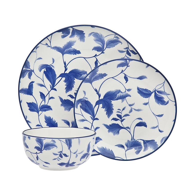 Porcelain dinner plate and bowl set with blue floral pattern, for 4