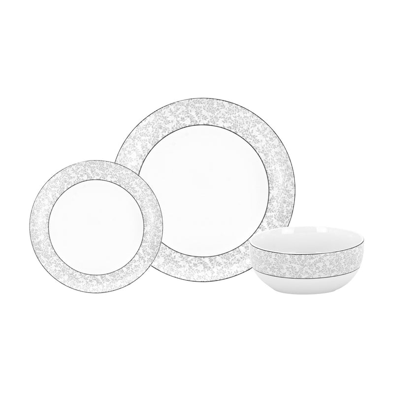 Porcelain dinnerware set with gray speckled rims: dinner plates and bowls for four