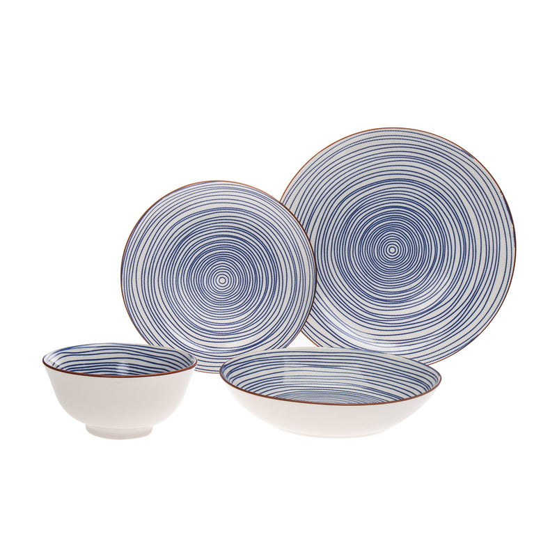Porcelain dinnerware set for 4 with blue concentric swirl pattern, includes bowls and plates