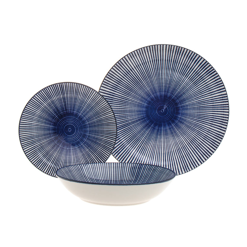 Godinger Spiral Blues porcelain dinnerware set with blue radial spiral plates and bowl