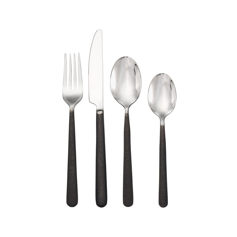 Stainless steel flatware set with fork, knife, and spoons, polished dark handles