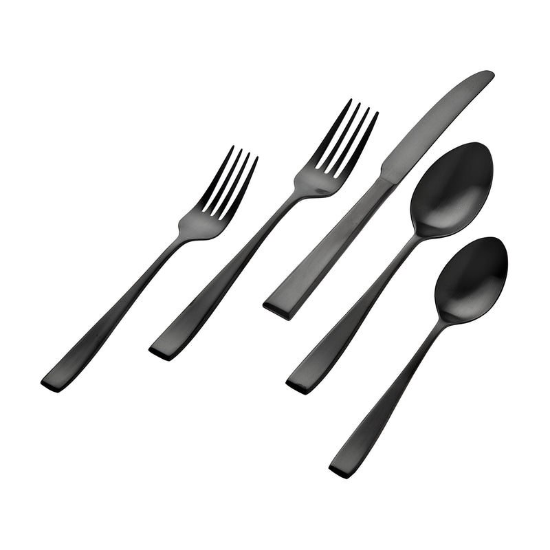 Godinger black brushed stainless flatware set: forks, knife, and spoons for 4