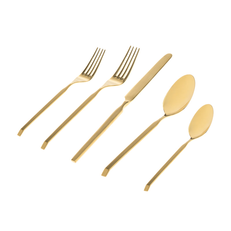 Matte goldtone flatware set with forks, knives, and spoons for four