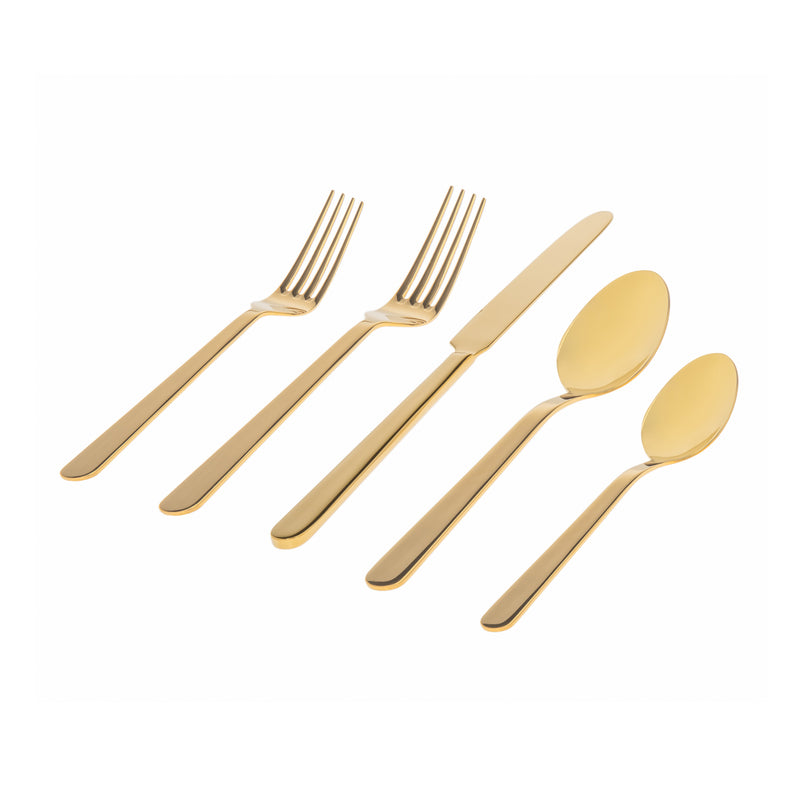 Goldtone stainless steel flatware set with forks, knife, and spoons