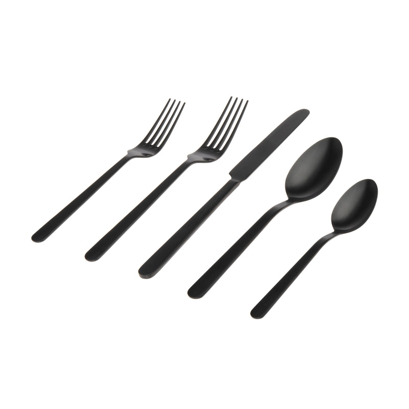 Matte black stainless steel flatware set pieces, four-prong fork and spoon set