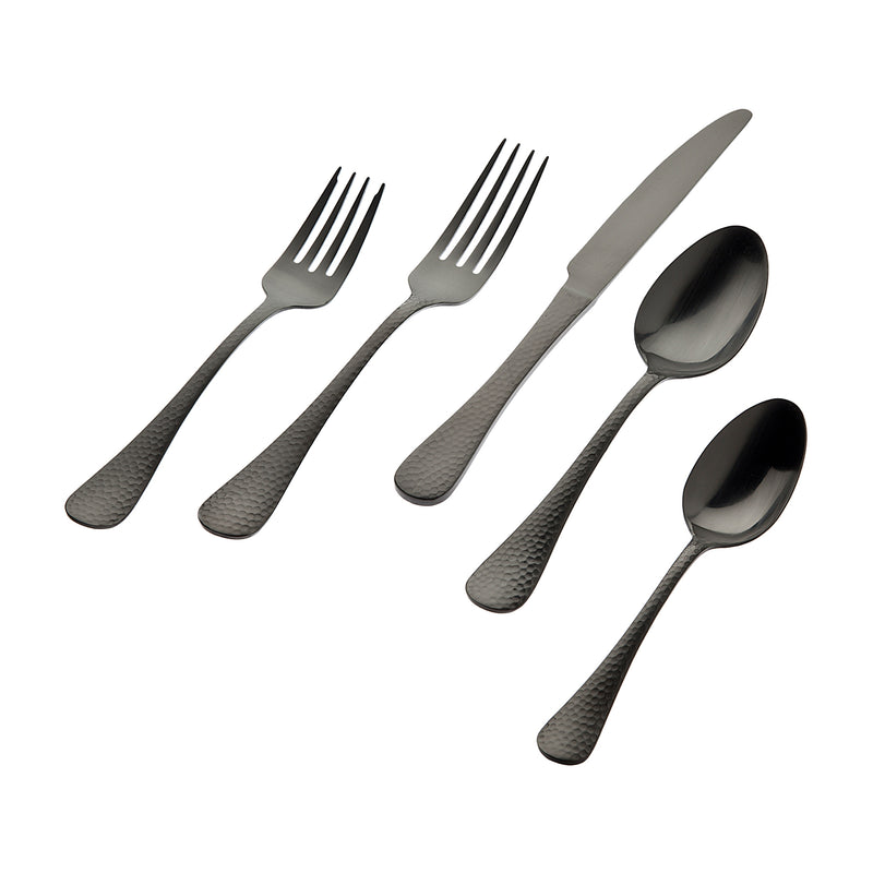 Matte charcoal stainless steel flatware set for four: forks, knives, and spoons