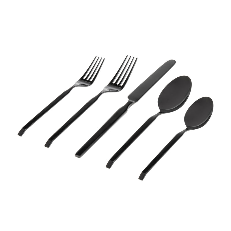 Black 20-piece flatware set for 4, 18/0 stainless steel, forks knives spoons