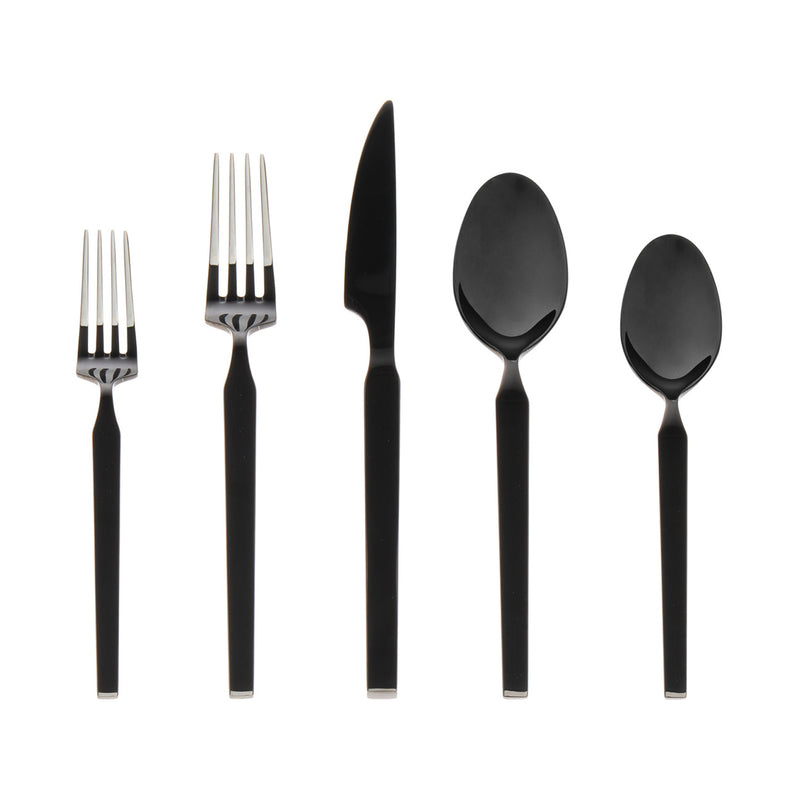Mirror black stainless steel flatware set: forks, knife, and two spoons.