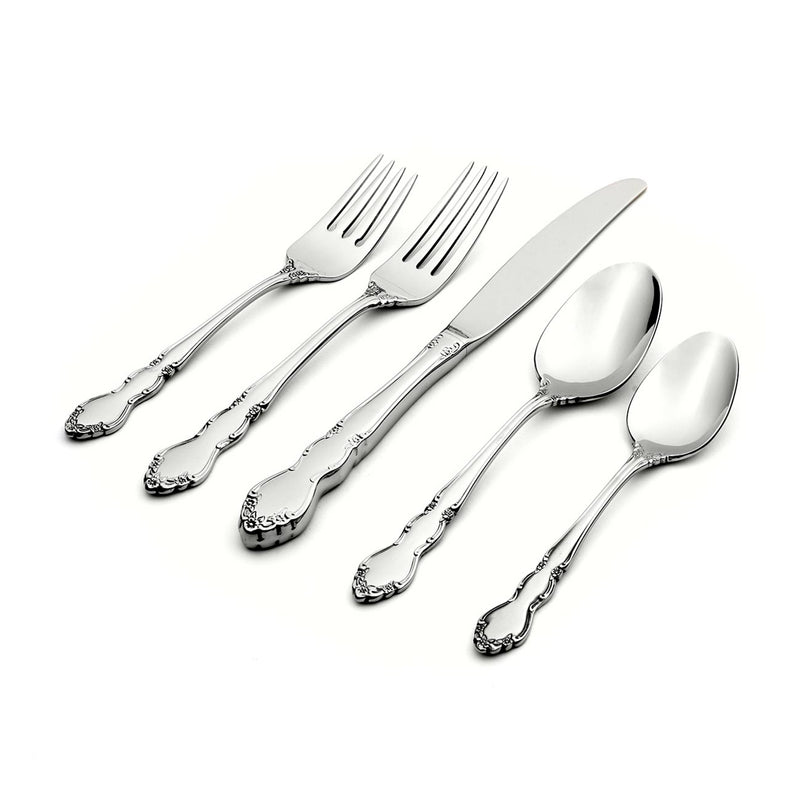 Oneida Dover 18/10 stainless flatware set with polished forks, knives, and spoons