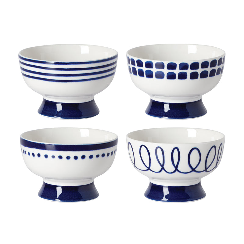 Set of 4 porcelain footed dessert bowls, white with navy geometric patterns