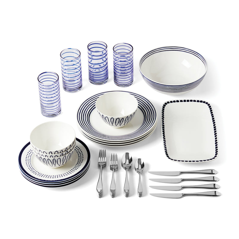 Porcelain dinnerware set for 4 with blue striped pattern, includes bowls, plates, utensils.