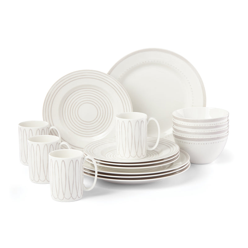 Porcelain dinnerware set with gray-lined rim plates, bowls, and mugs, 16-piece for 4