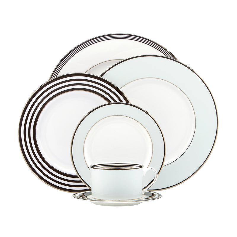 5-piece porcelain place setting with platinum accents, stacked plates and teacup