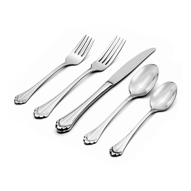5-piece stainless steel place setting with forks, knife, and spoons, polished silver