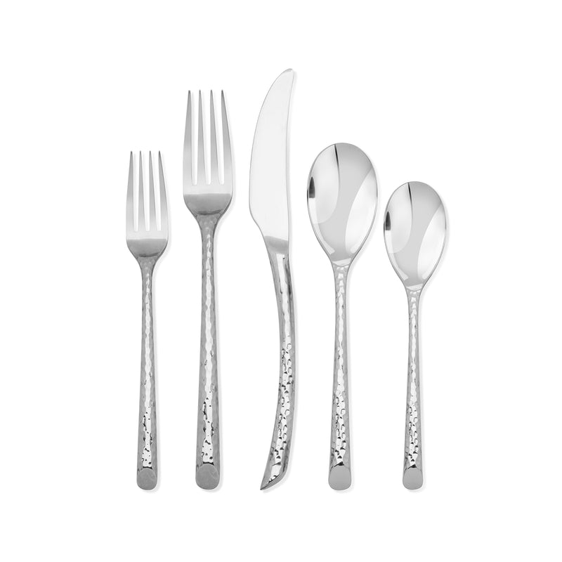 20-piece stainless steel flatware set with fork, knife, and spoon, polished finish