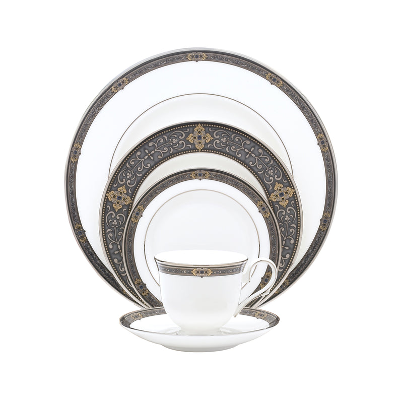 Fine bone china place setting with blue floral band, gold and platinum trim, cup and saucer