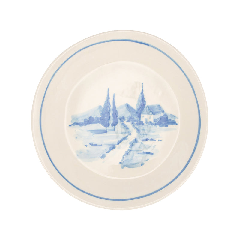 Vietri Tuscan dinner plate with blue landscape scene and thin border, cream ceramic