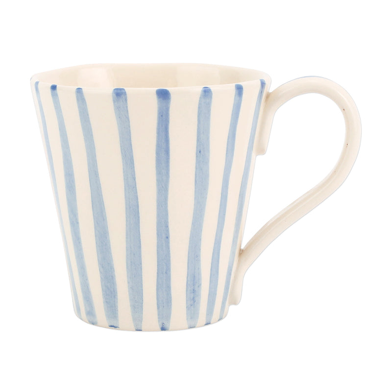 Vietri ceramic mug with vertical blue stripes and curved white handle