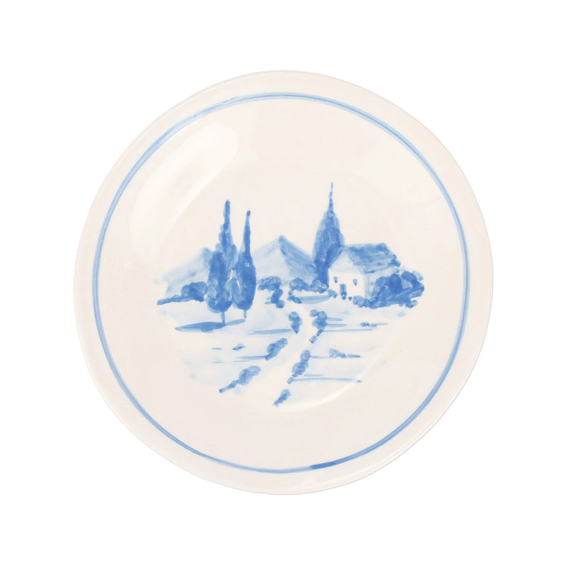 Vietri Modello Tuscan salad plate with blue village scene and border on white