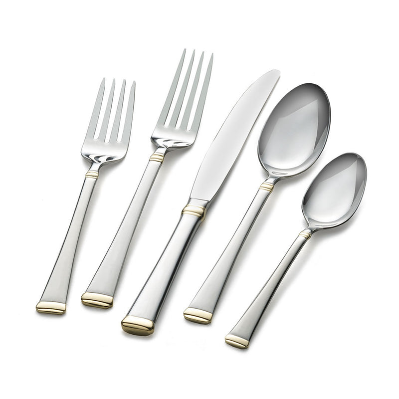 Stainless steel flatware set with gold-plated accent handles, forks and spoons