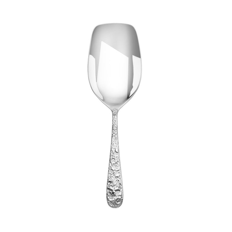Stainless steel ice scoop with ornate engraved handle and polished bowl