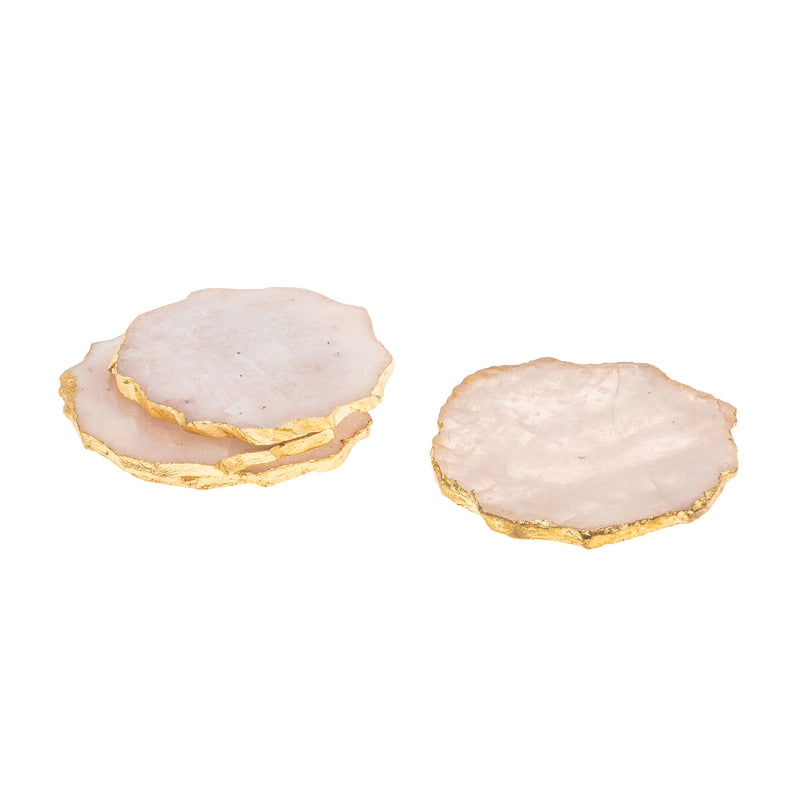 Set of 4 rose quartz coasters with goldtone edges, pink stone slices with gold rims
