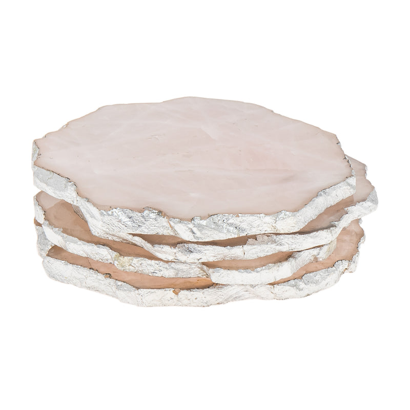 Set of 4 rose quartz coasters with silvertone textured edges, pink stone tops.