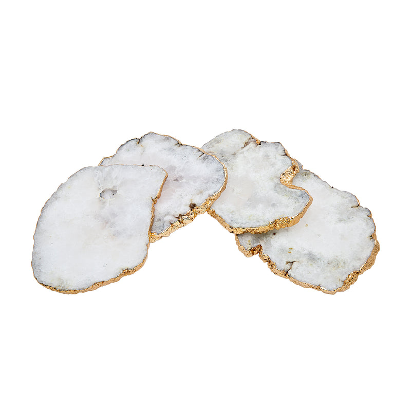 Set of 4 white quartz coasters with goldtone edges, scalloped circular tops