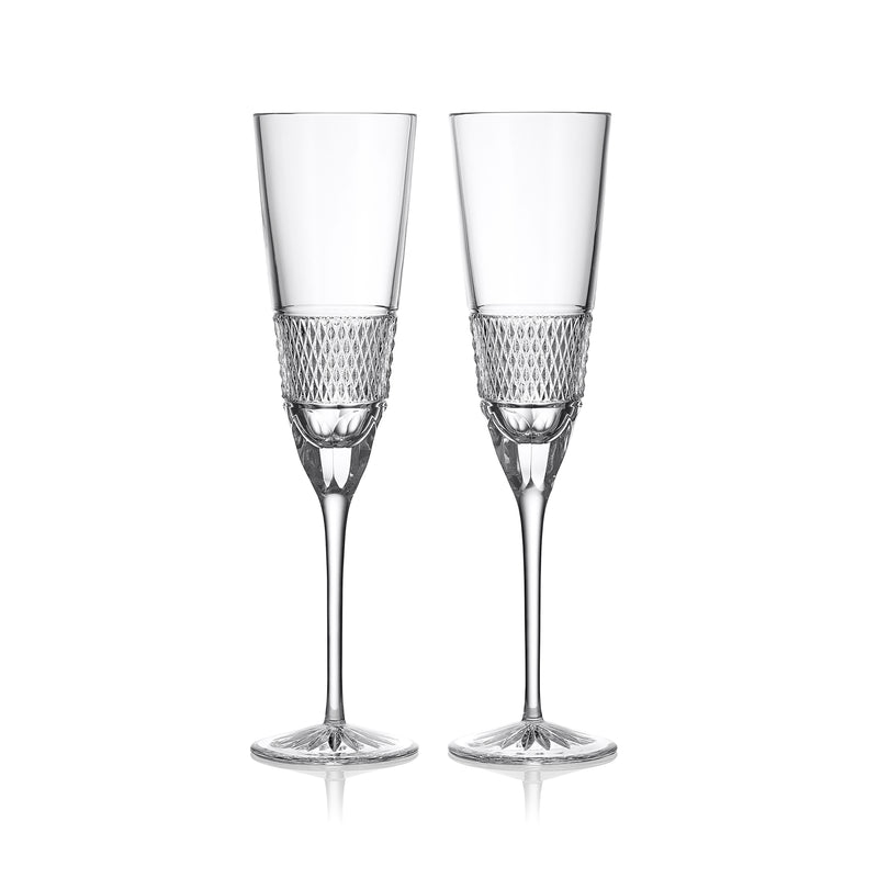 Set of 2 clear crystal toasting flutes with textured band and faceted bowl