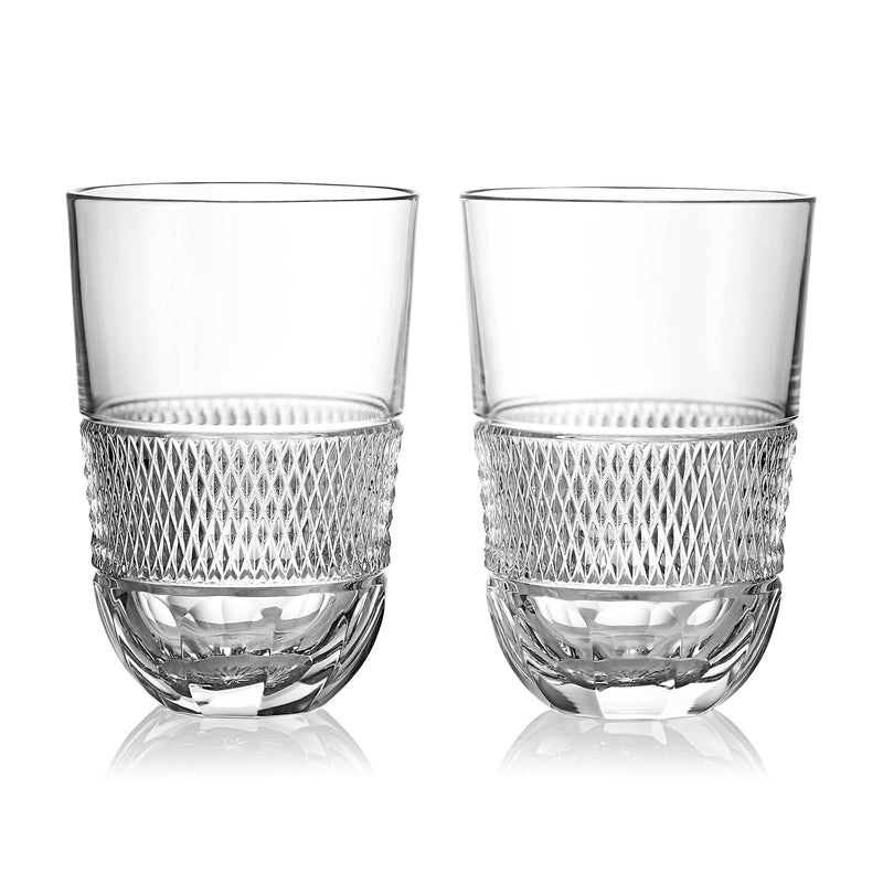 Waterford Crystal set of 2 clear cut crystal water glasses, faceted diamond band and fluted rim.