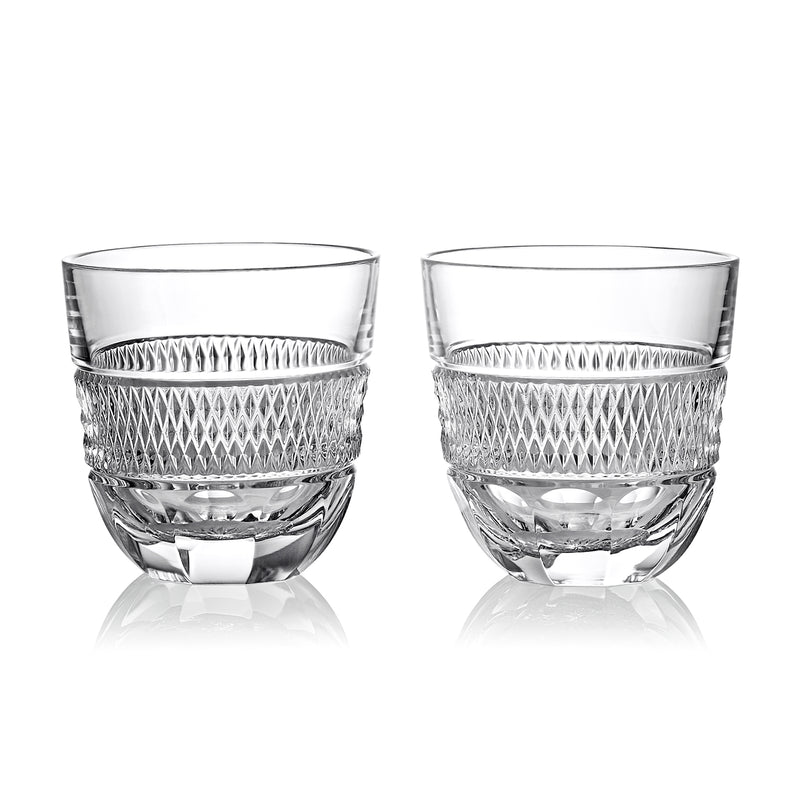 Set of 2 clear crystal tumbler glasses with diamond and ribbed cut pattern