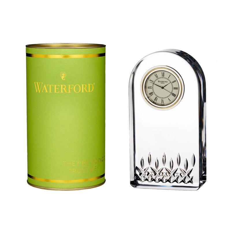 Waterford Crystal arched mantel clock with cream dial and faceted base; green Giftology box